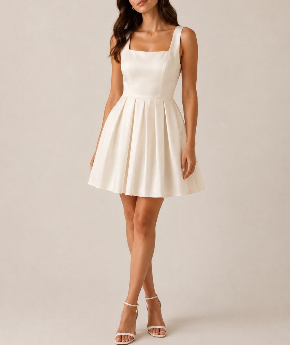Sleeveless cocktail dress with square neckline & pleated skirt S (DESCRIPTION)